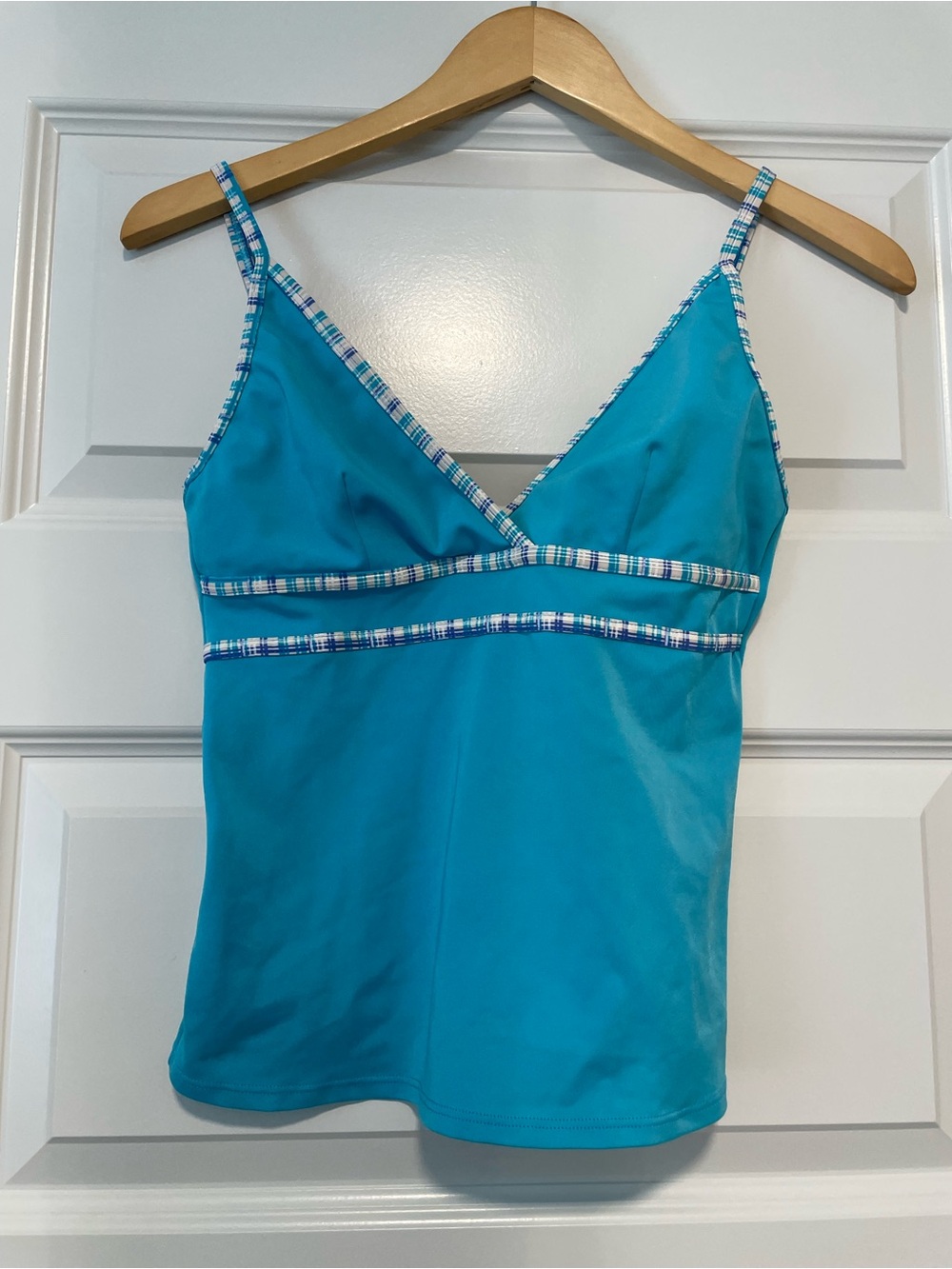 Y2K Teal V-Neck Crossover Tankini Top with Plaid Striped Trim